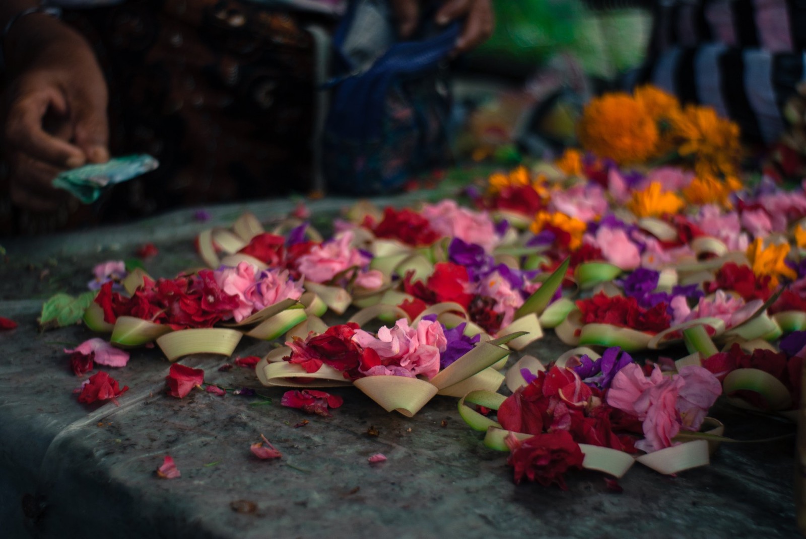 Balinese flower offerings prepared by hand